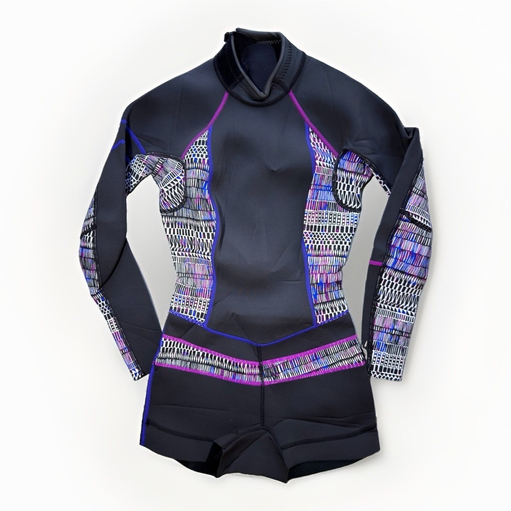 prAna Women's XS Shorty Wetsuit Black Purple Geometric Long Sleeve Back Zip